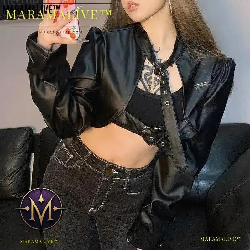 Biker Chick Faux Leather Crop Jacket - Gothic Vegan Leather Top