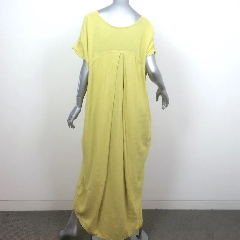 Black Crane Pleated Cocoon Maxi Dress Lemon Linen-Blend Size Medium