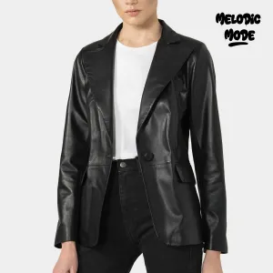 Black Faux Leather Blazer Jacket for Women | Slim-Fit Tailored Vegan Leather Coat | Modern Workwear, Casual Outfits, and Layering Staple