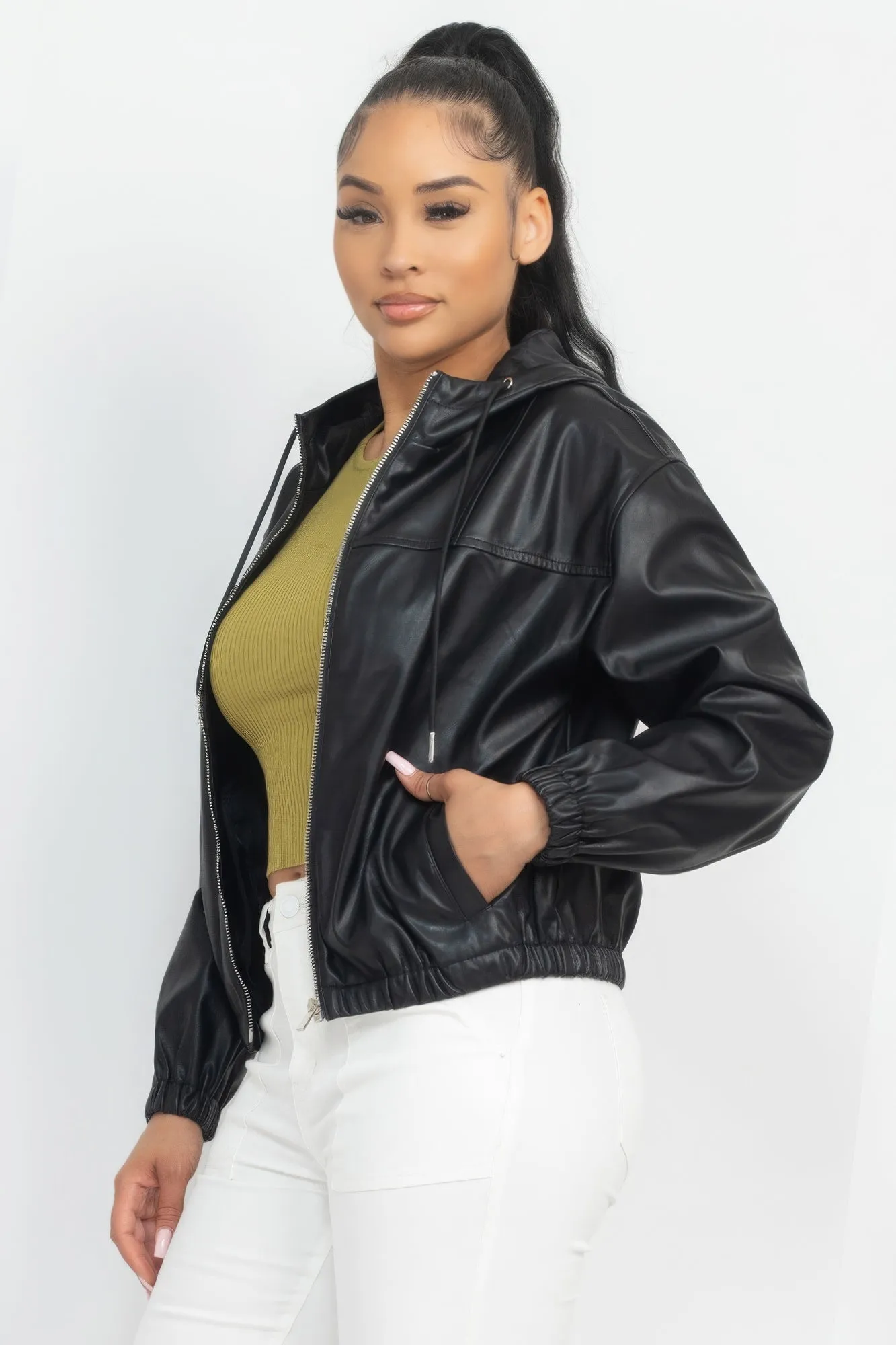 Black Faux Leather Hoodie Jacket