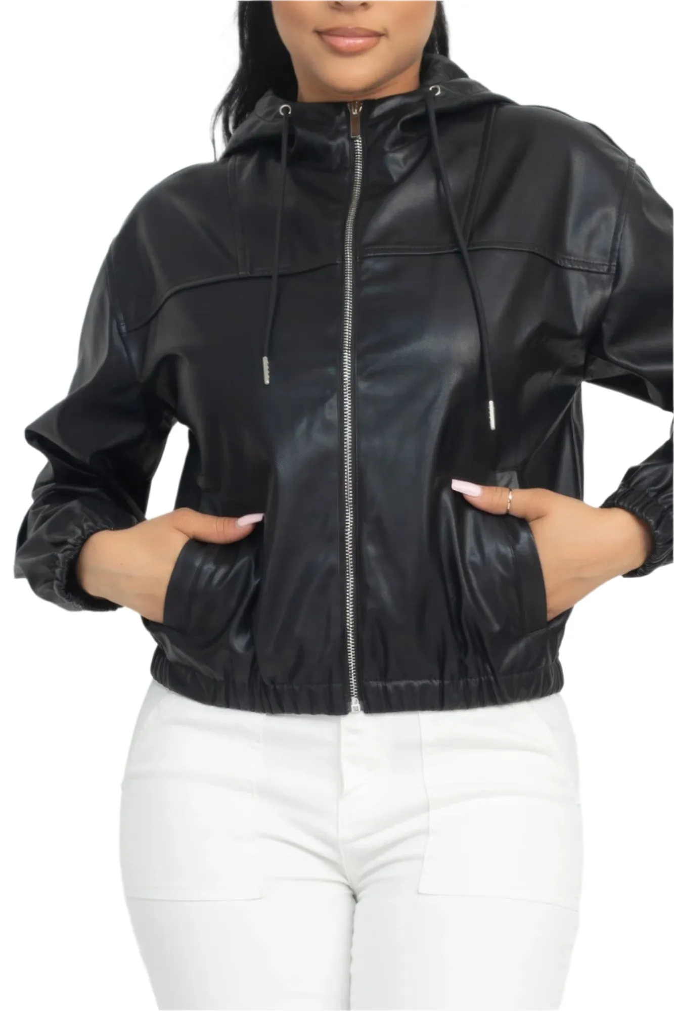 Black Faux Leather Hoodie Jacket