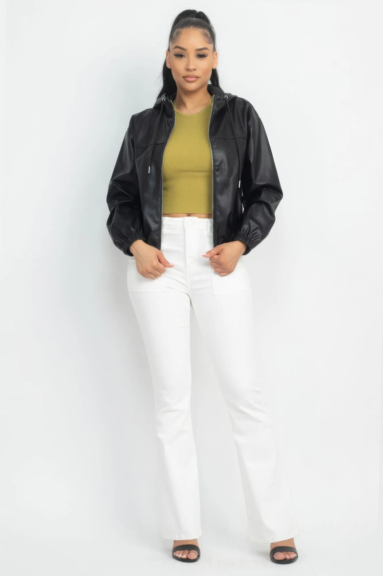 Black Faux Leather Hoodie Jacket
