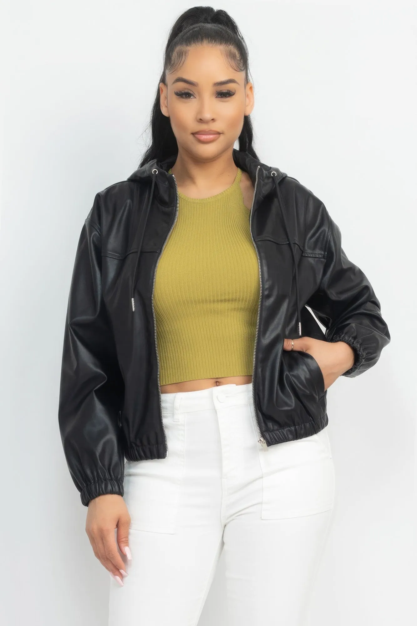 Black Faux Leather Hoodie Jacket