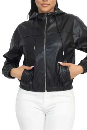 Black Faux Leather Hoodie Jacket