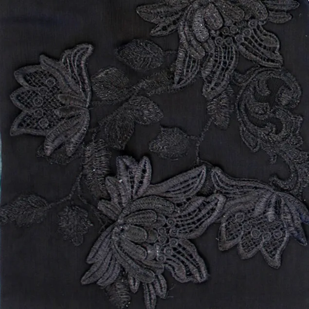 Black Floral Embroidery Silk Chiffon Scarf