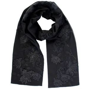 Black Floral Embroidery Silk Chiffon Scarf