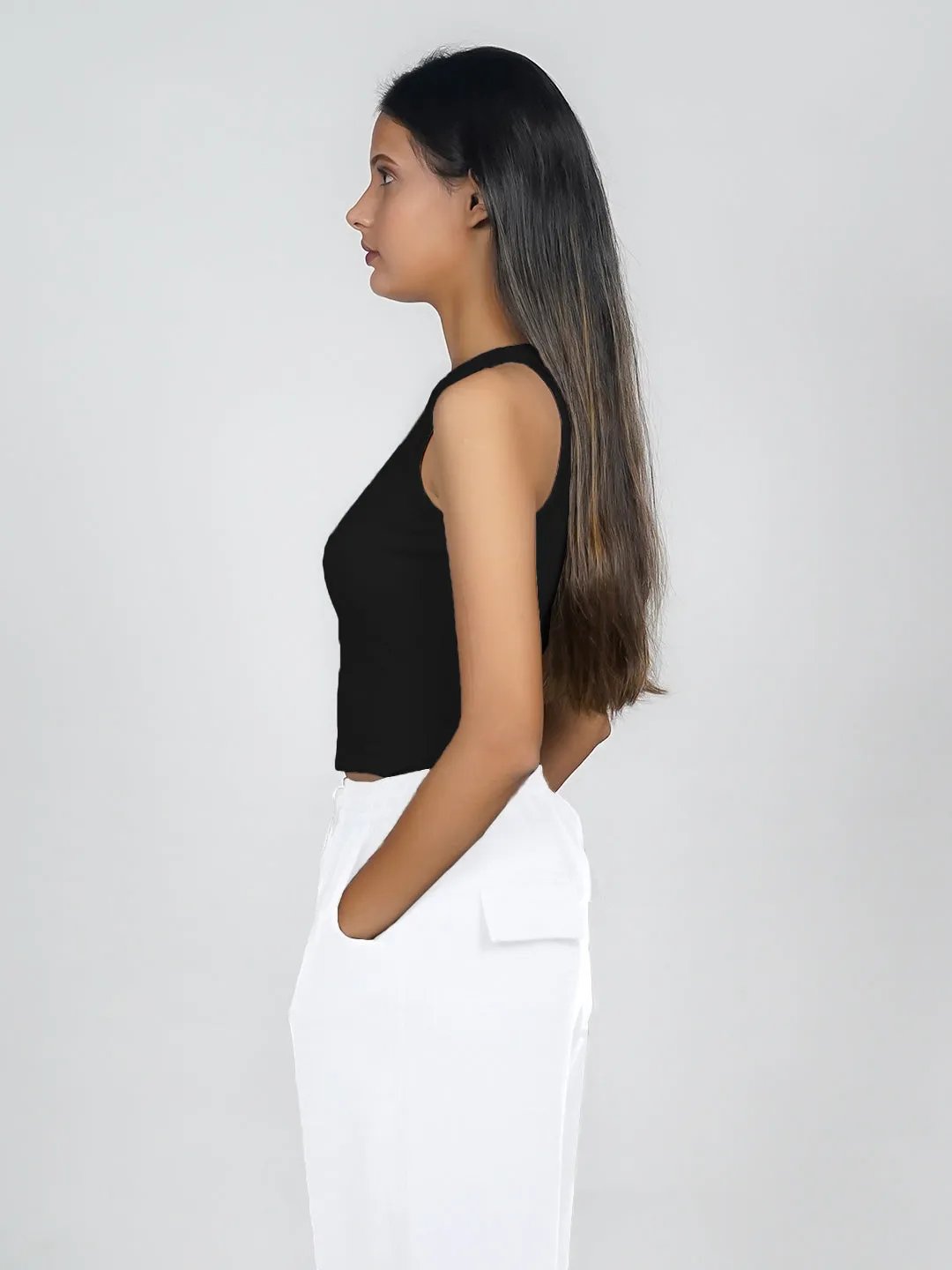 Black Solid Ribbed Crop Top