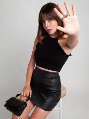 Black Solid Ruffled Crop Top