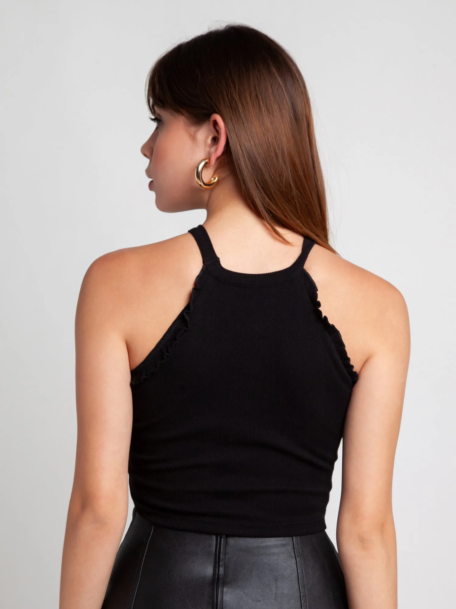 Black Solid Ruffled Crop Top