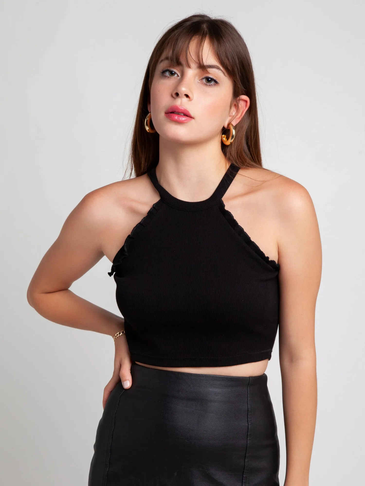 Black Solid Ruffled Crop Top