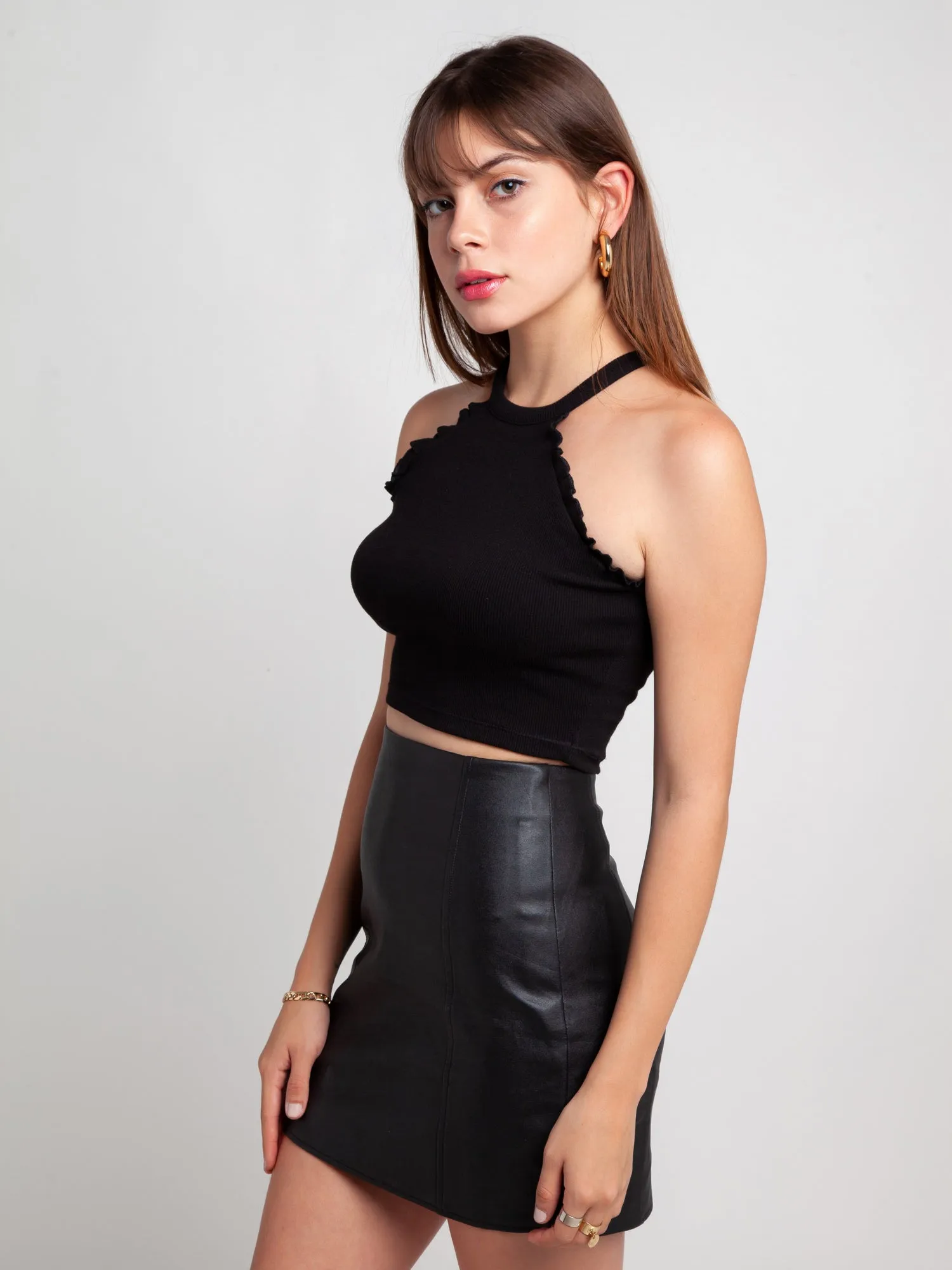Black Solid Ruffled Crop Top