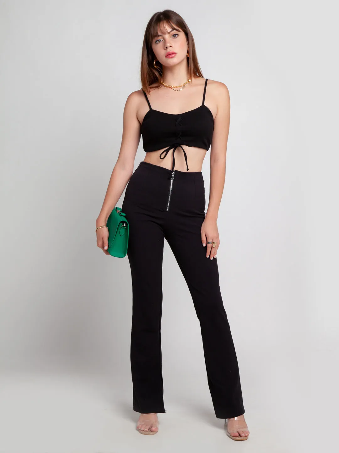 Black Solid Strappy Crop Top