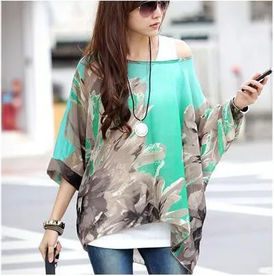 Blouse Shirt Style Women Chiffon Tops Plus Size Women's Batwing Sleeve Print Casual Shirts