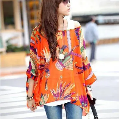 Blouse Shirt Style Women Chiffon Tops Plus Size Women's Batwing Sleeve Print Casual Shirts