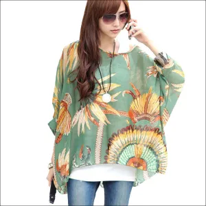 Blouse Shirt Style Women Chiffon Tops Plus Size Women's Batwing Sleeve Print Casual Shirts