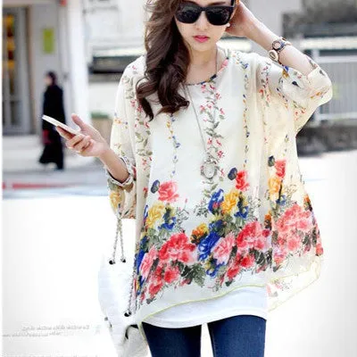 Blouse Shirt Style Women Chiffon Tops Plus Size Women's Batwing Sleeve Print Casual Shirts