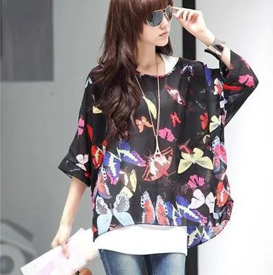 Blouse Shirt Style Women Chiffon Tops Plus Size Women's Batwing Sleeve Print Casual Shirts