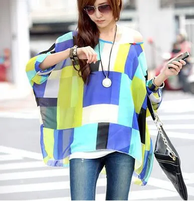 Blouse Shirt Style Women Chiffon Tops Plus Size Women's Batwing Sleeve Print Casual Shirts