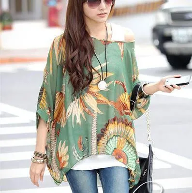 Blouse Shirt Style Women Chiffon Tops Plus Size Women's Batwing Sleeve Print Casual Shirts