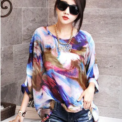 Blouse Shirt Style Women Chiffon Tops Plus Size Women's Batwing Sleeve Print Casual Shirts