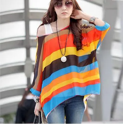 Blouse Shirt Style Women Chiffon Tops Plus Size Women's Batwing Sleeve Print Casual Shirts