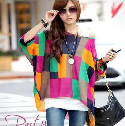 Blouse Shirt Style Women Chiffon Tops Plus Size Women's Batwing Sleeve Print Casual Shirts