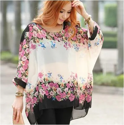 Blouse Shirt Style Women Chiffon Tops Plus Size Women's Batwing Sleeve Print Casual Shirts