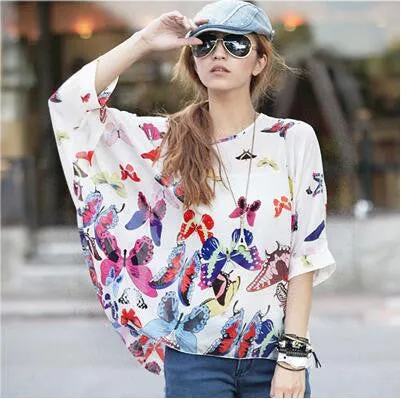 Blouse Shirt Style Women Chiffon Tops Plus Size Women's Batwing Sleeve Print Casual Shirts