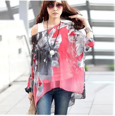 Blouse Shirt Style Women Chiffon Tops Plus Size Women's Batwing Sleeve Print Casual Shirts