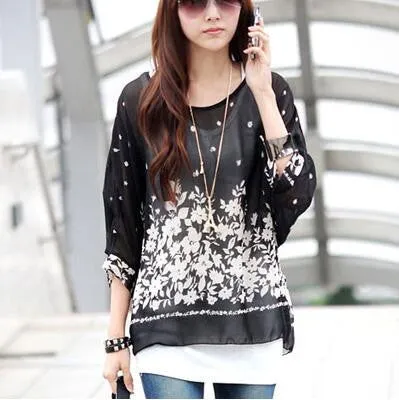 Blouse Shirt Style Women Chiffon Tops Plus Size Women's Batwing Sleeve Print Casual Shirts