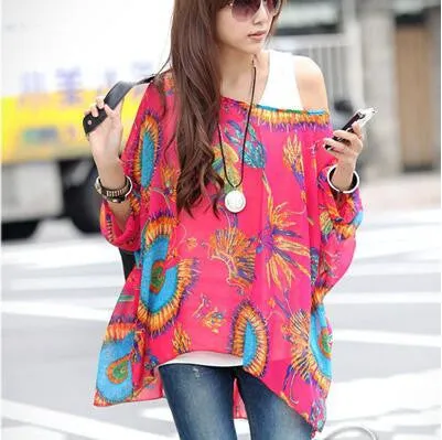 Blouse Shirt Style Women Chiffon Tops Plus Size Women's Batwing Sleeve Print Casual Shirts