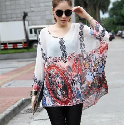 Blouse Shirt Style Women Chiffon Tops Plus Size Women's Batwing Sleeve Print Casual Shirts