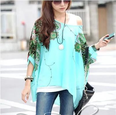 Blouse Shirt Style Women Chiffon Tops Plus Size Women's Batwing Sleeve Print Casual Shirts