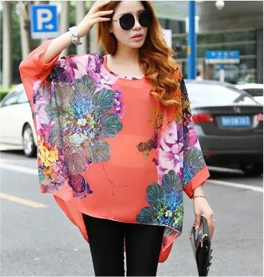 Blouse Shirt Style Women Chiffon Tops Plus Size Women's Batwing Sleeve Print Casual Shirts