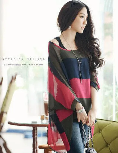 Blouse Shirt Style Women Chiffon Tops Plus Size Women's Batwing Sleeve Print Casual Shirts