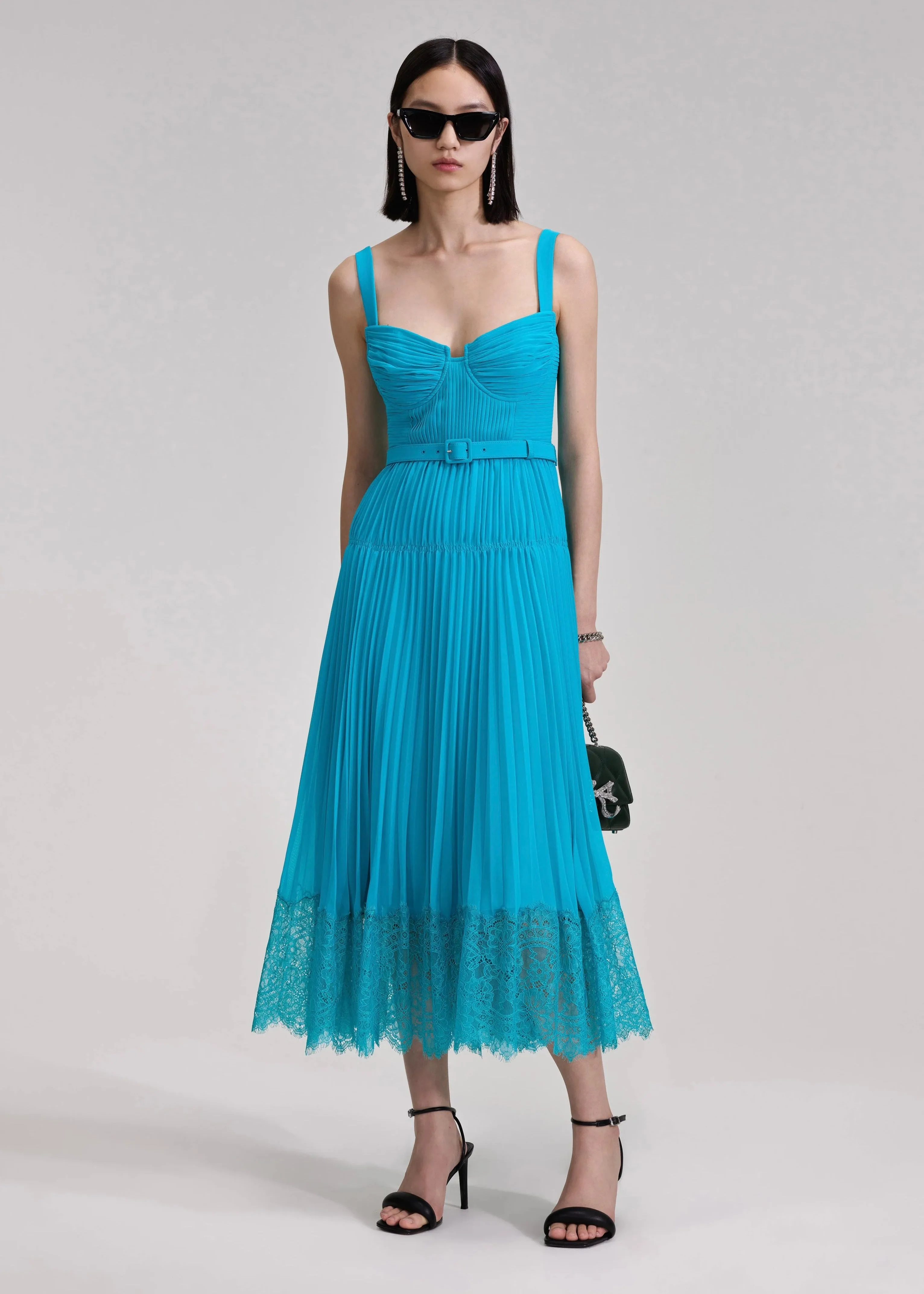 Blue Chiffon Lace Detail Midi Dress (Blue)