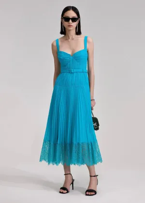 Blue Chiffon Lace Detail Midi Dress (Blue)