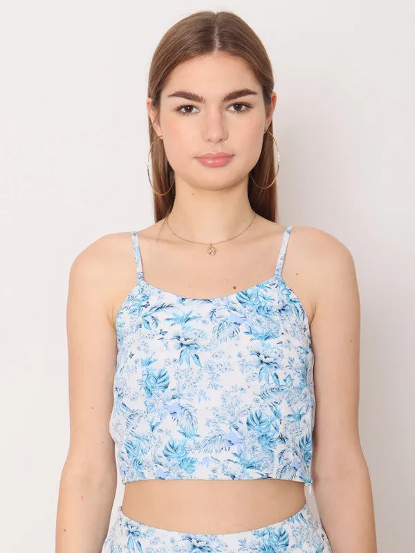 Blue Floral Print Fitted Crop Top