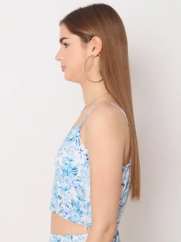 Blue Floral Print Fitted Crop Top
