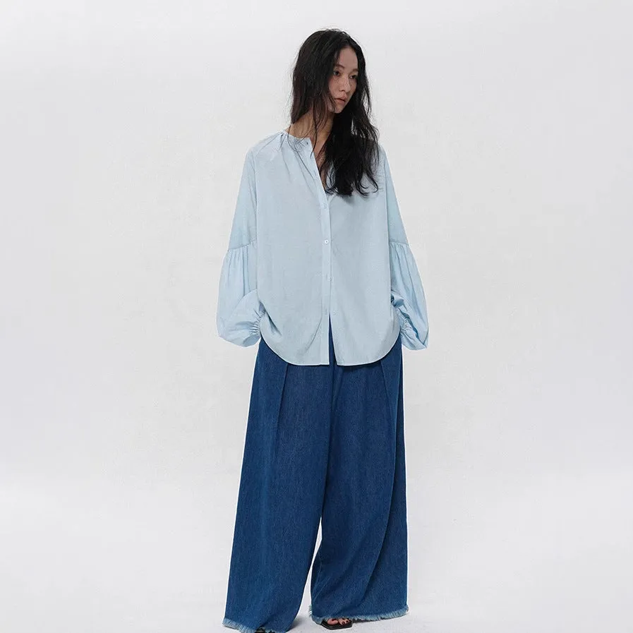 blue shirt women's long-sleeved pure cotton high-quality cotton vacation age-reducing lantern sleeve top shirt C0133