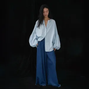blue shirt women's long-sleeved pure cotton high-quality cotton vacation age-reducing lantern sleeve top shirt C0133