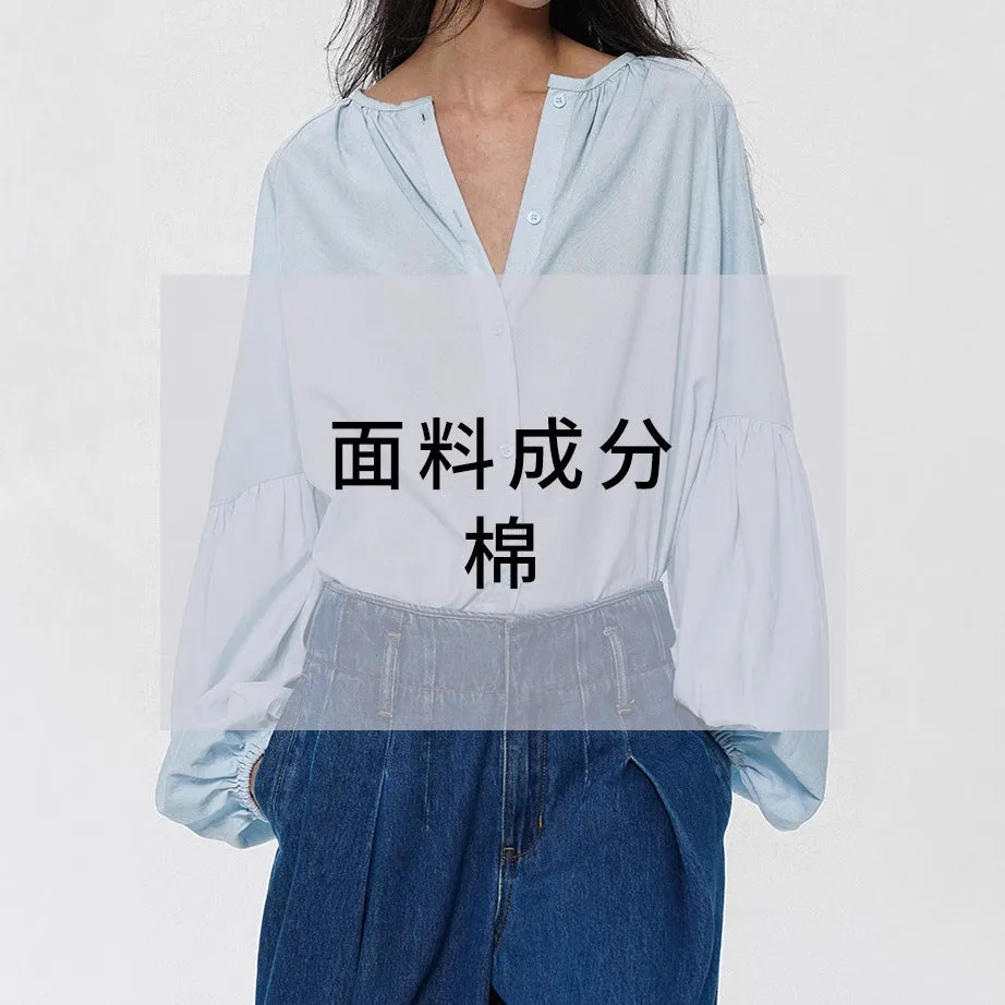 blue shirt women's long-sleeved pure cotton high-quality cotton vacation age-reducing lantern sleeve top shirt C0133