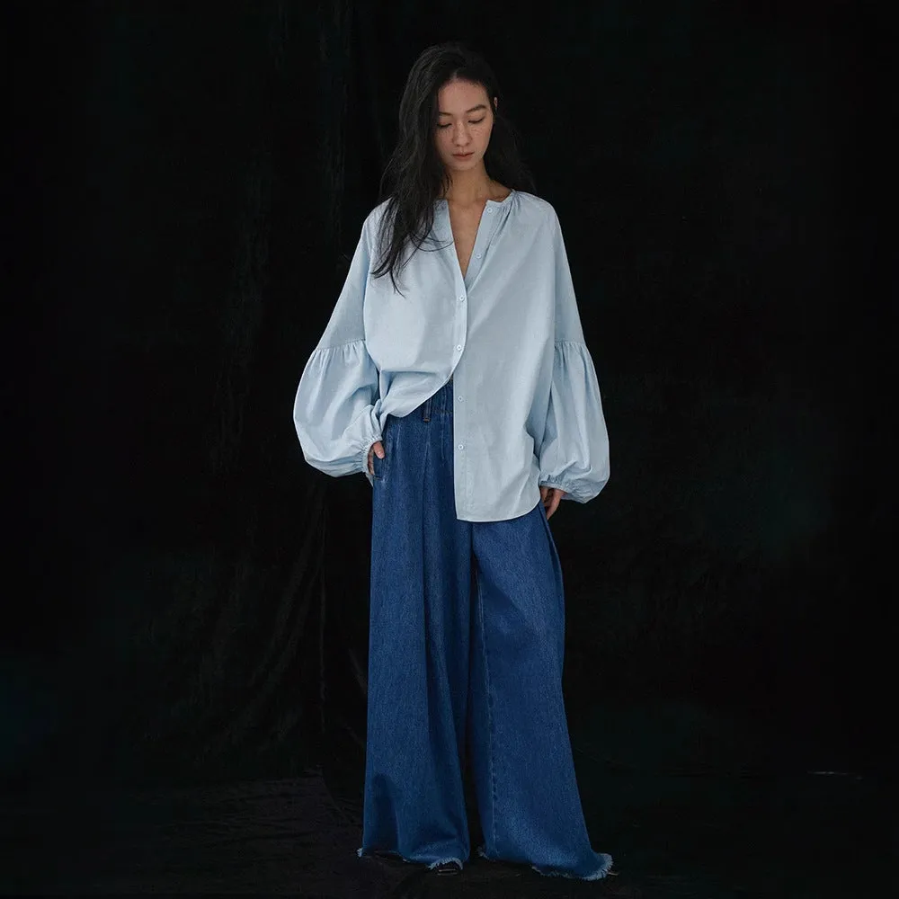 blue shirt women's long-sleeved pure cotton high-quality cotton vacation age-reducing lantern sleeve top shirt C0133