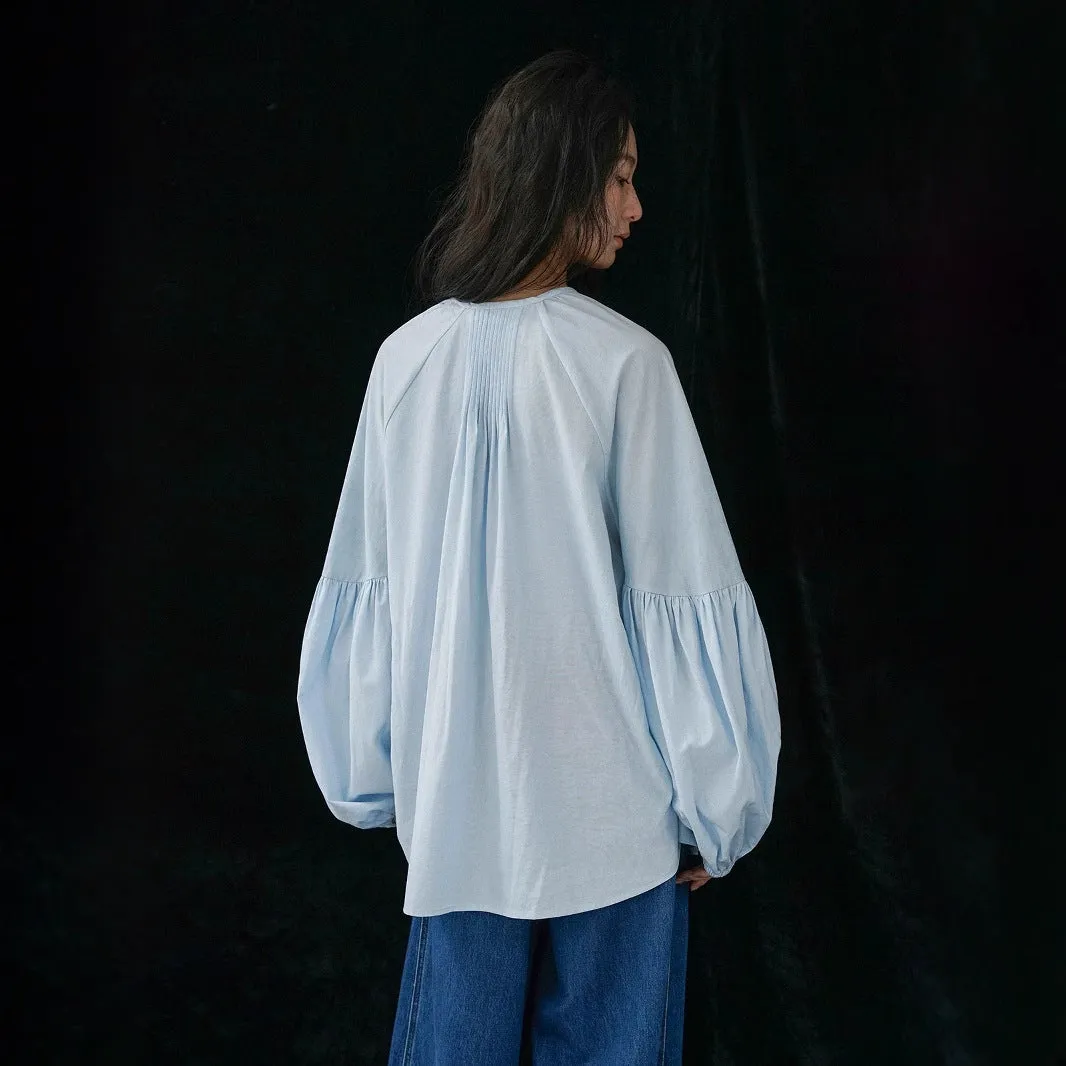 blue shirt women's long-sleeved pure cotton high-quality cotton vacation age-reducing lantern sleeve top shirt C0133