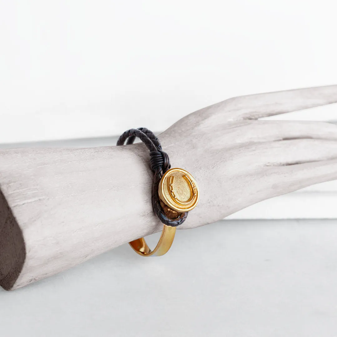Bosal - 14K Gold on Brass w/Black Leather Horseshoe Bracelet
