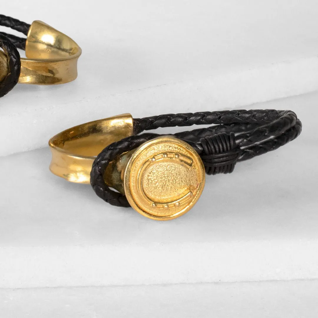 Bosal - 14K Gold on Brass w/Black Leather Horseshoe Bracelet