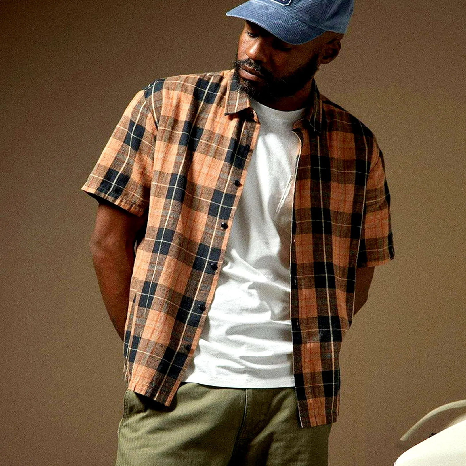 Brixton Cru Linen Blend Woven Shirt Black/Rust Orange