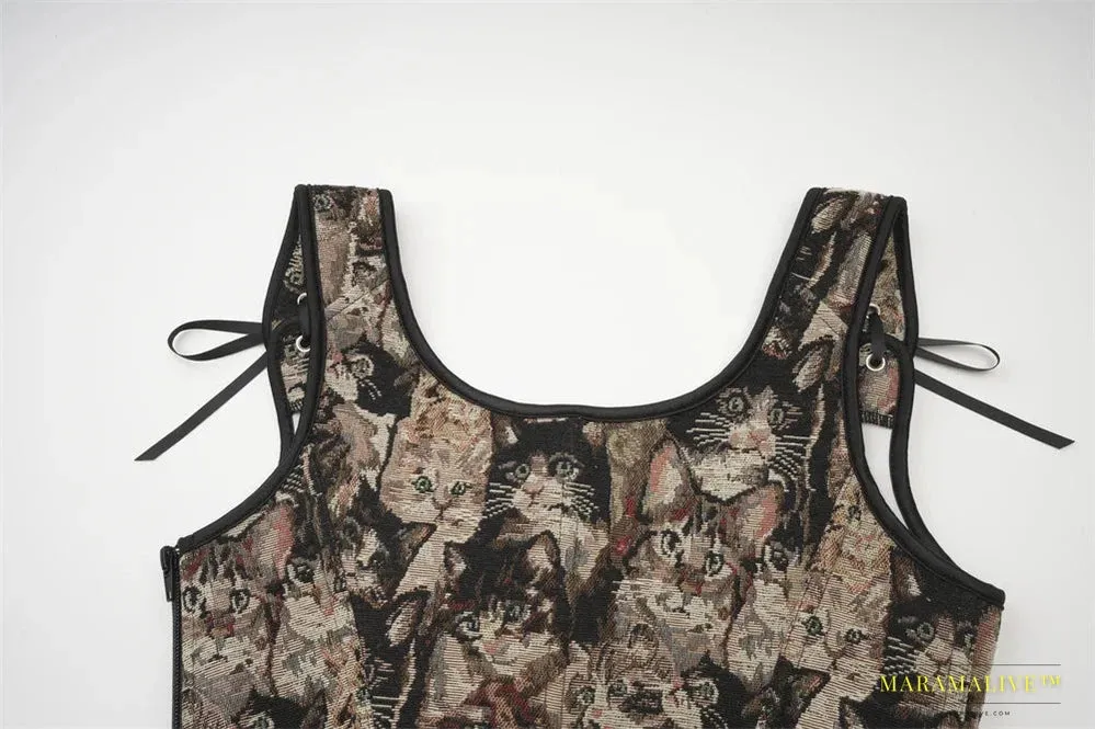 Brown Cat Print Overbust Lace Up Corset Vest - Handmade Vintage Gothic Steampunk Women's Waist Trainer