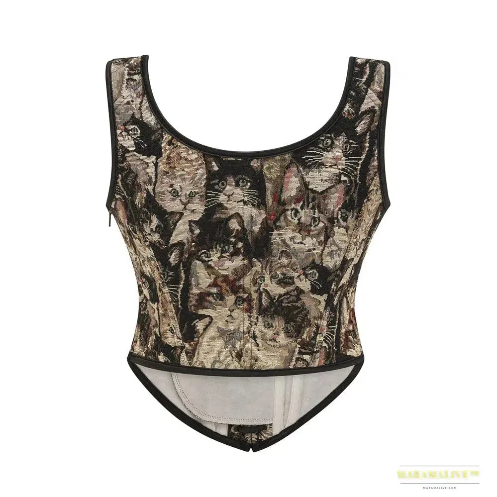 Brown Cat Print Overbust Lace Up Corset Vest - Handmade Vintage Gothic Steampunk Women's Waist Trainer