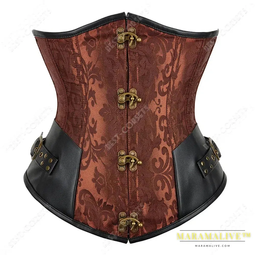 Brown Corset Women Steampunk Faux Leather Underbust Corset Steel Boned Bustier Gothic Chain Couture Corset Underbust